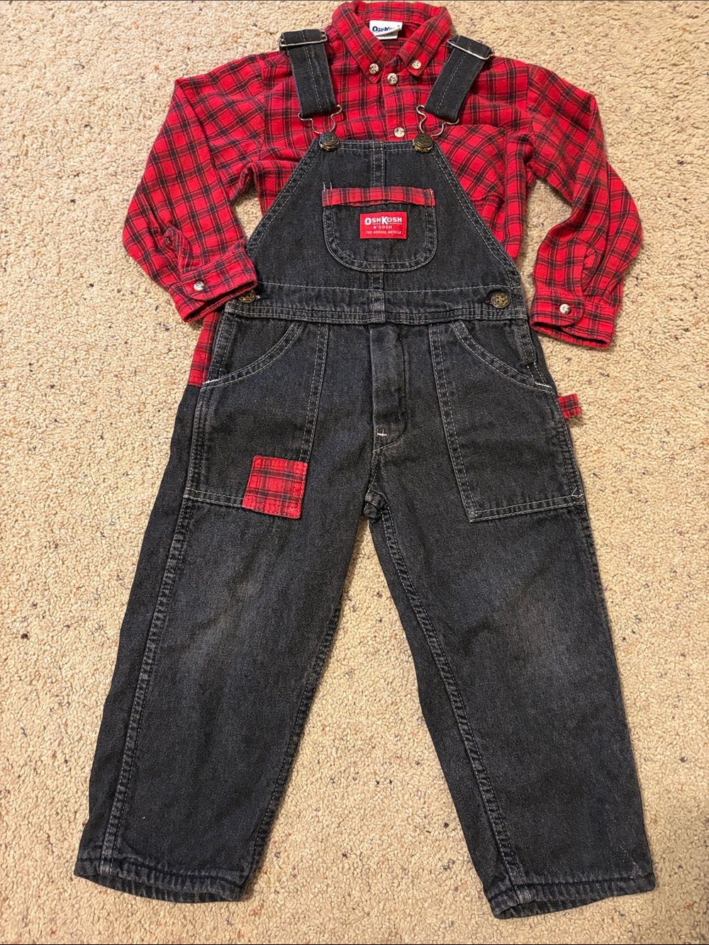 OshKosh B'gosh Black Denim Overalls with Red Plaid Accents